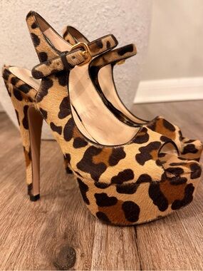 PRADA Leopard Print Pony Hair Slingback Platform Heels Luxury Designer Sz 35/5